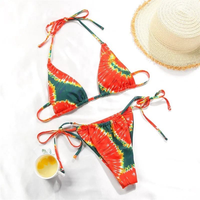 Women's polka dot print split bikini swimsuit in brown dot design with triangle bra style