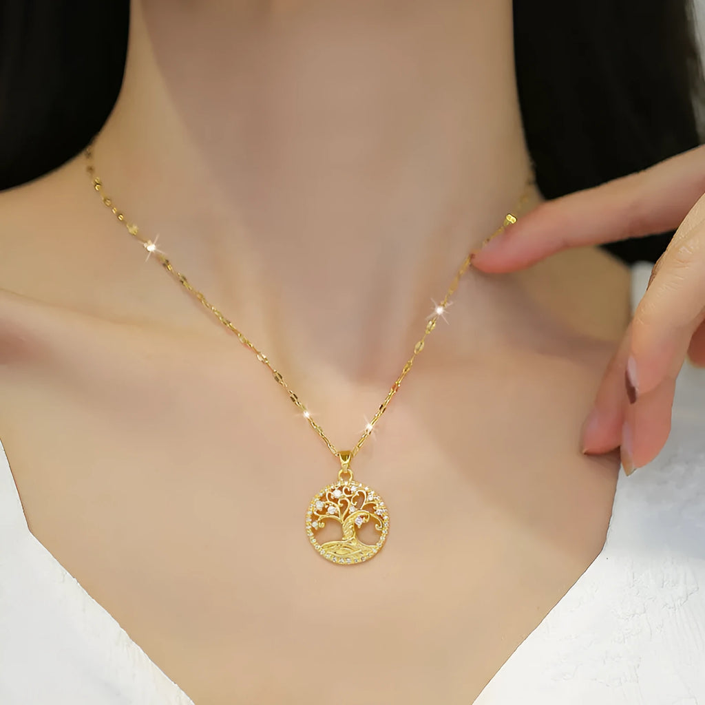 Gold lucky tree pendant necklace with mother-of-pearl and rhinestone zircon on adjustable 41-50cm chain