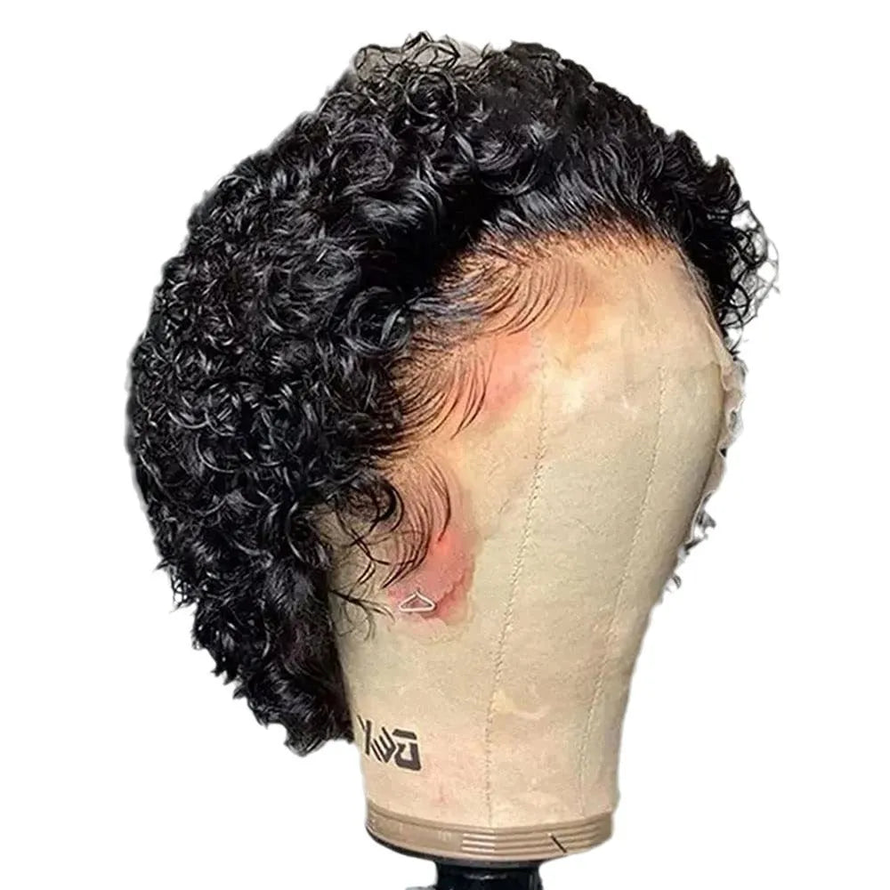 Black human hair pixie wig with lace front for daily wear.
