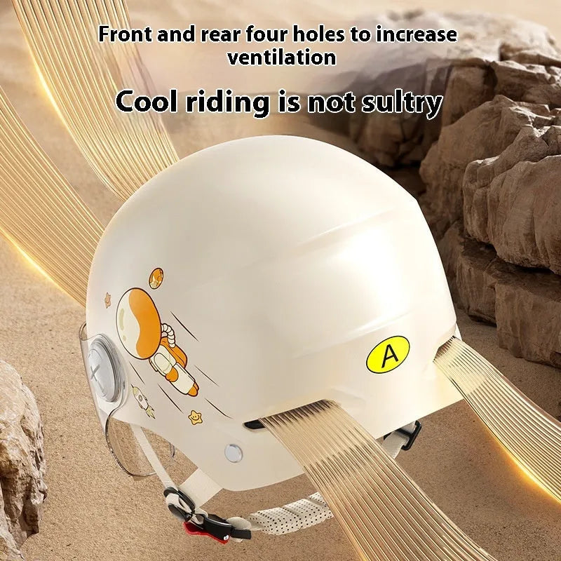 Khaki electric motorcycle half-helmet with ABS construction shown in free size for adult commuting