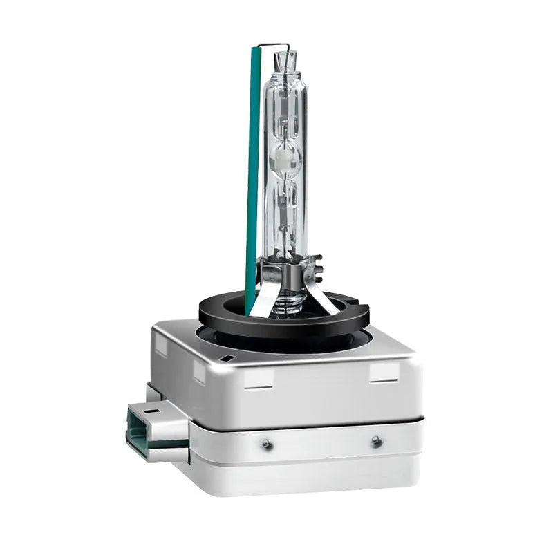 Xenon automotive headlight bulb with aluminium alloy shell for D1S and D1R systems, showing colour temperature options.