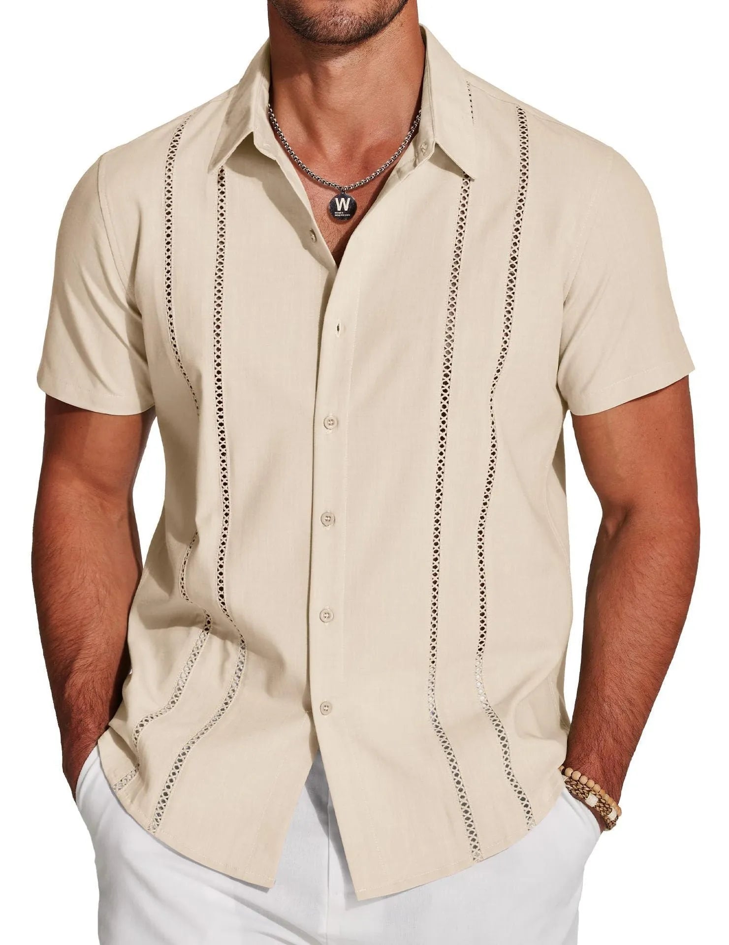 Man wearing a slim fit, short sleeve Hawaiian shirt with a digital print pattern.