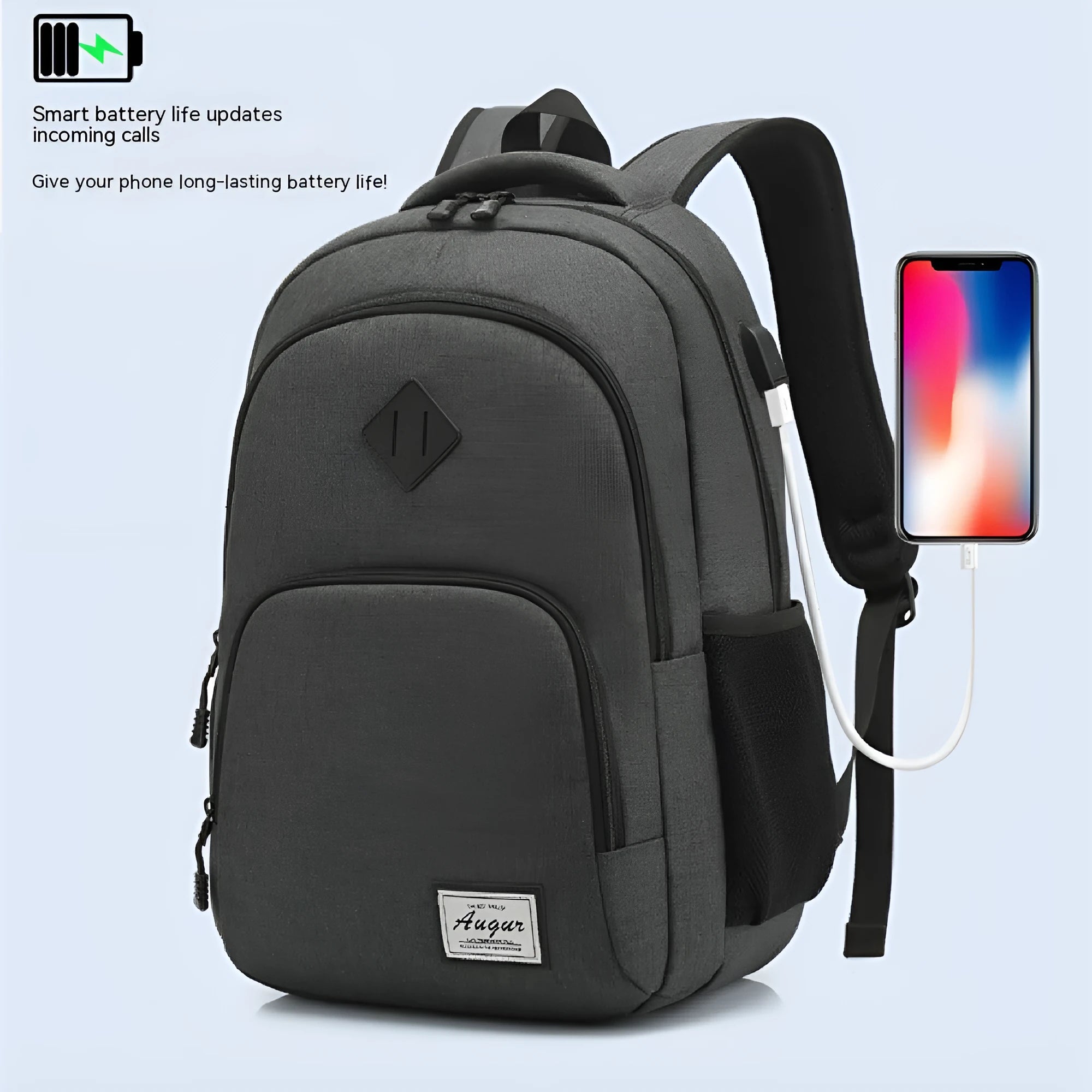 Grey nylon backpack with USB charging port and trolley case strap showing 32x15x46cm dimensions