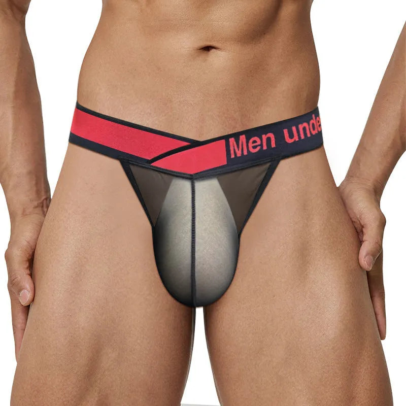 Men's transparent ice silk breathable briefs with large V gradient high fork design in black colour