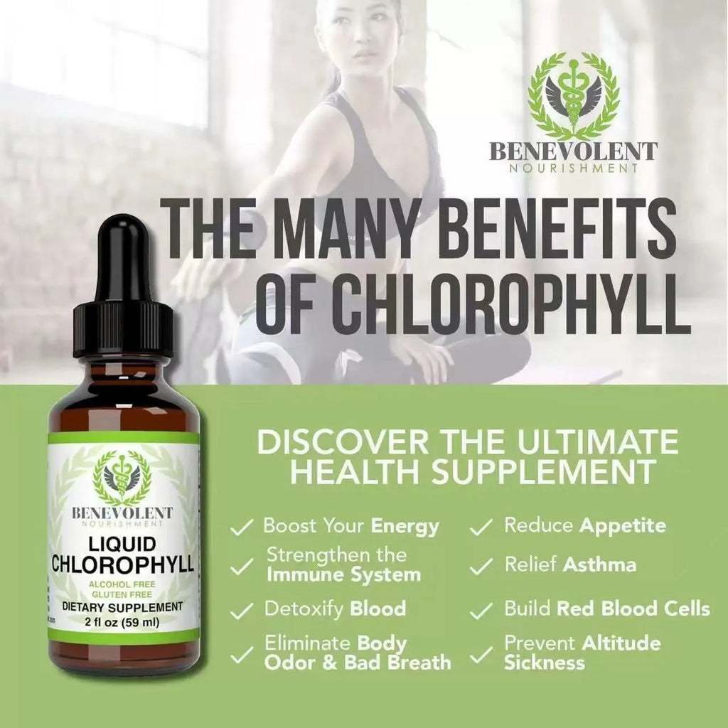 60ml bottle of natural liquid chlorophyll drops with dropper for adult dietary supplementation.