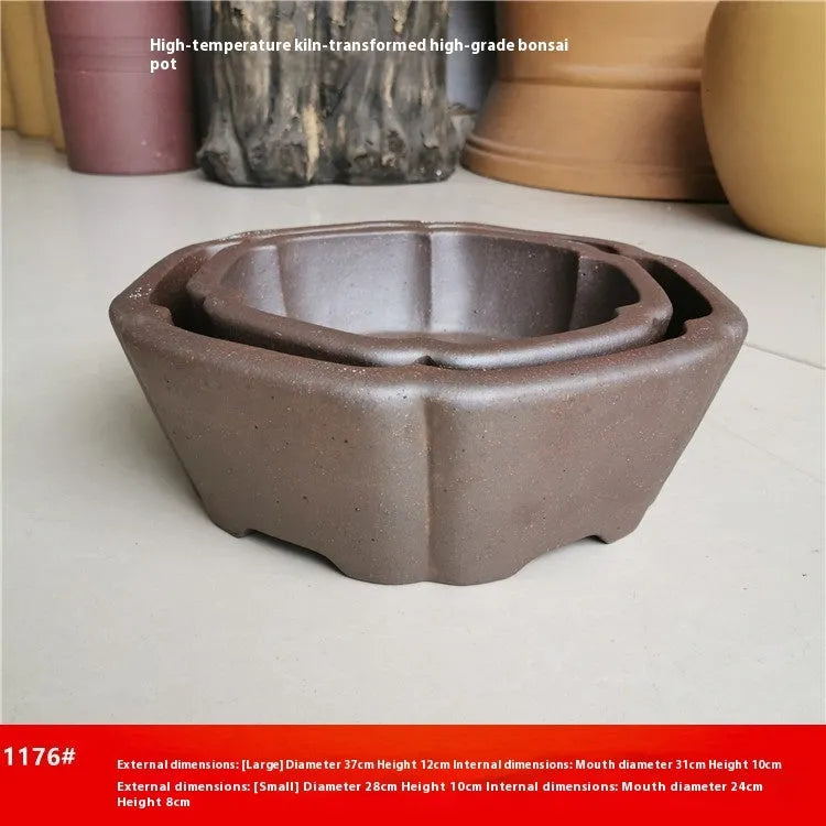 Large hexagonal purple sand kiln-baked flowerpot in brown for plants