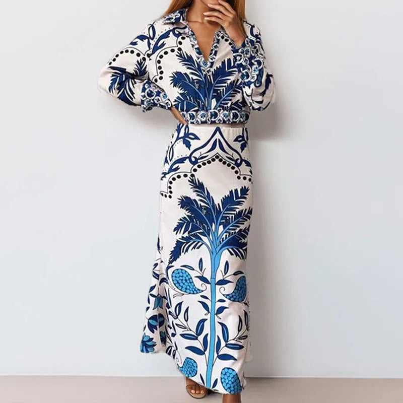 Women's flower print early spring casual set with long sleeve top and matching skirt in picture colour
