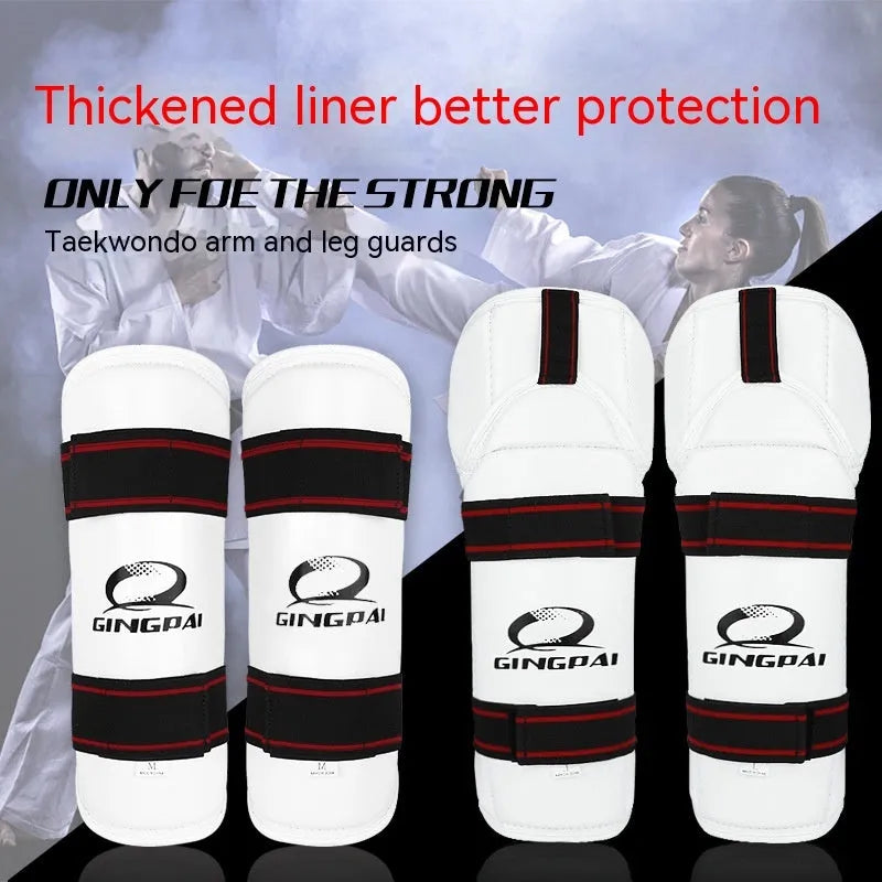 Taekwondo protective gear set showing arm guards and leg protectors in PU EVA foam construction