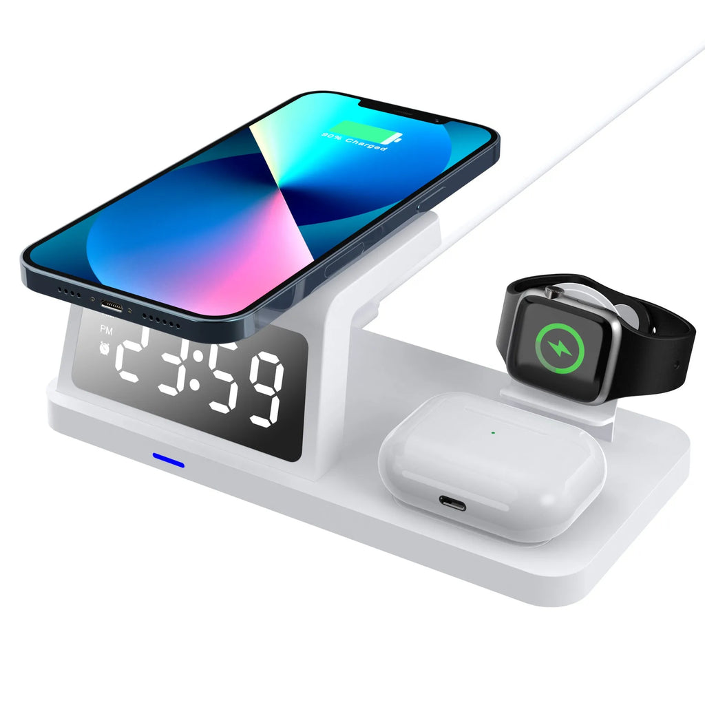 Four-in-one clock wireless charger 15W QC3.0 Type-C charging station in white