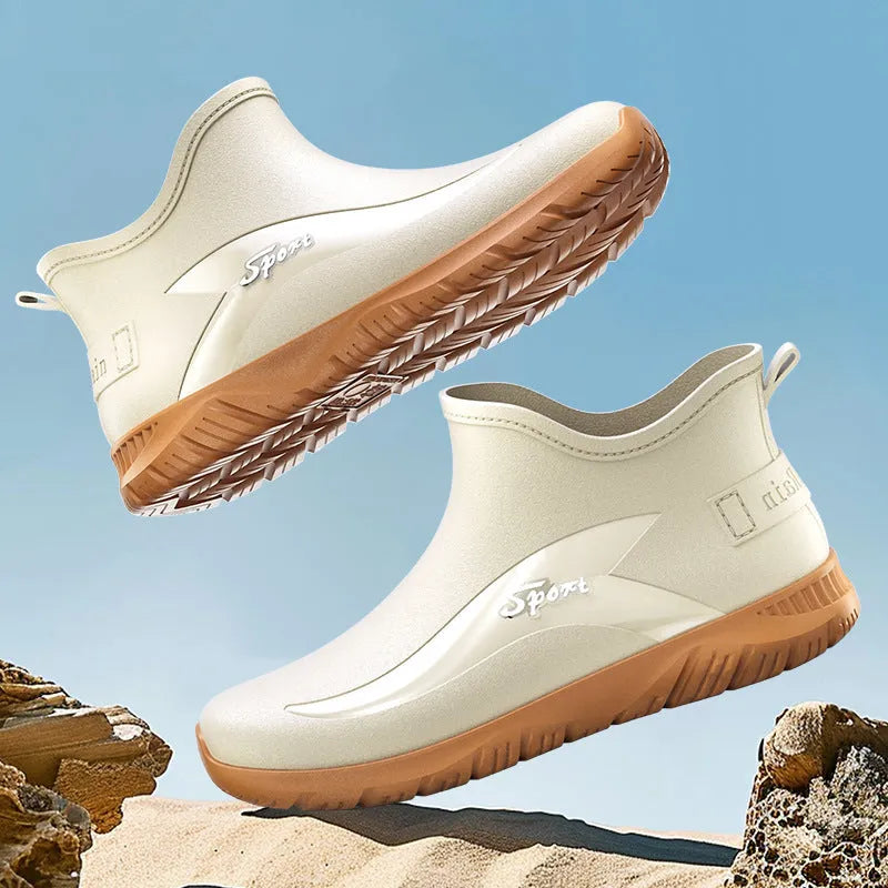 Men's short ankle-height PVC rubber boots with a flat non-slip sole