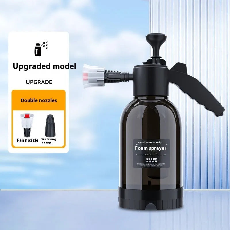 Black 2L foam watering can spray bottle with ergonomic handle and switch lock for car and household use.