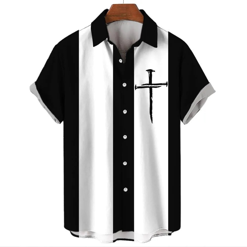 Men's striped Hawaiian short sleeve button-up shirt in a colour option, laid flat.