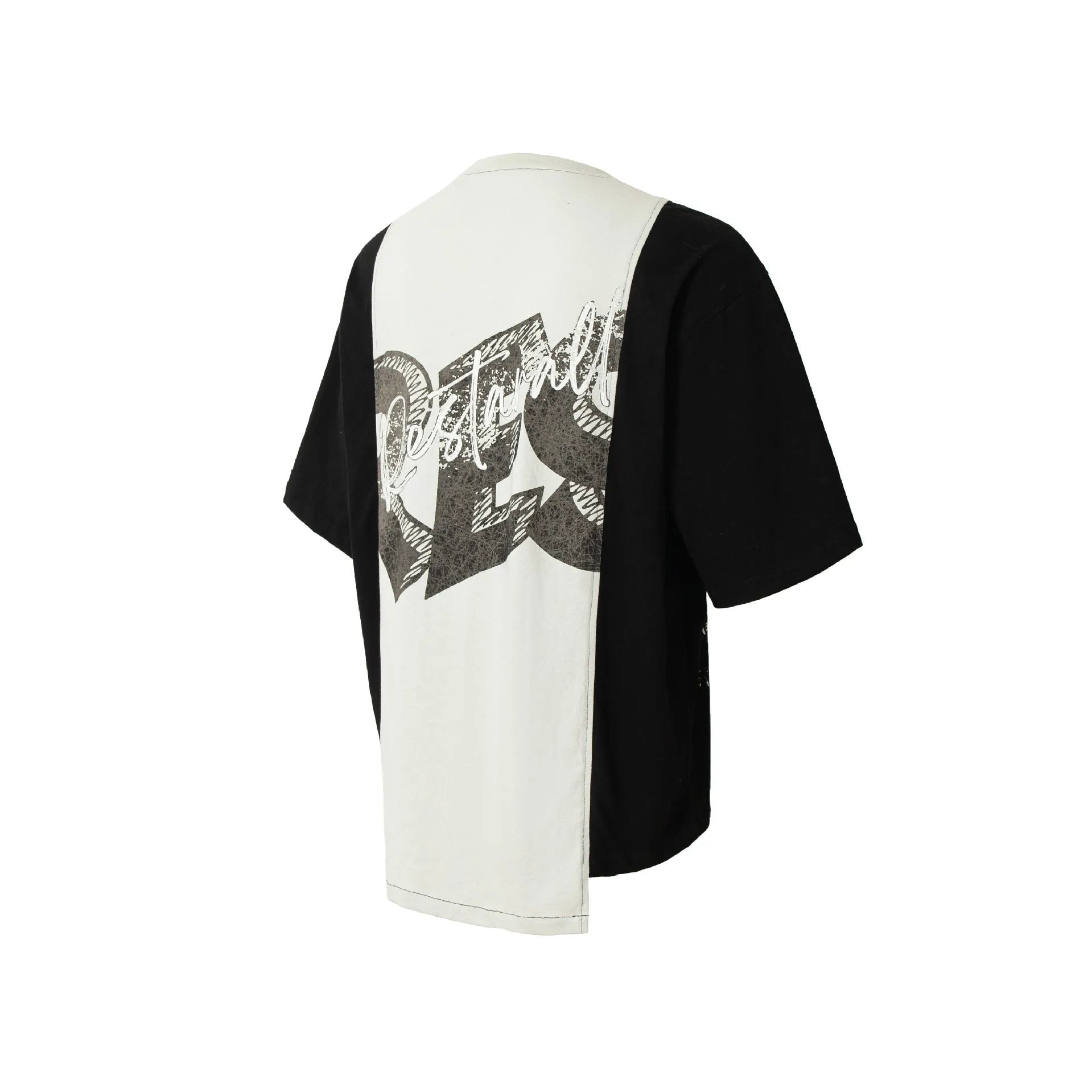 Black and white broken collage print on a loose-fit cotton blend short sleeve T-shirt.