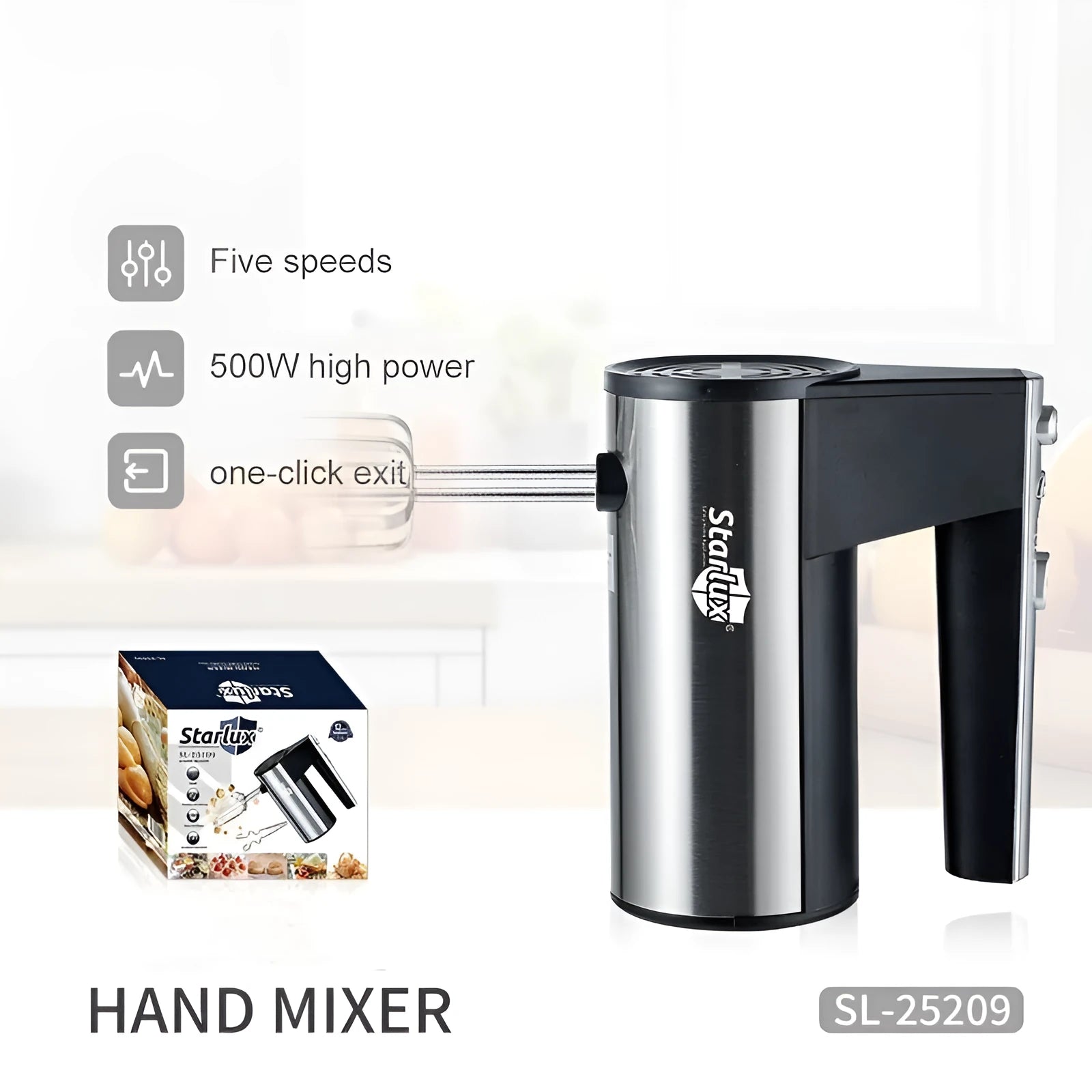 White handheld electric mixer with five speed settings and dual voltage compatibility for baking