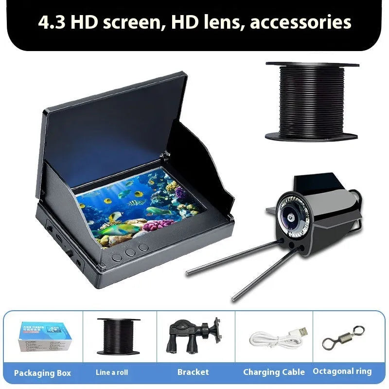 Underwater fish finder HD camera with 4.3-inch screen showing a fish on display, with 15, 20, and 30 metre cable options.