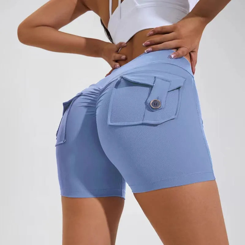 High-waist quick-dry sports shorts for women with side pockets in avocado green colour