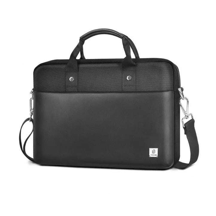 Black Oxford cloth laptop backpack showing multiple compartments and lock feature.