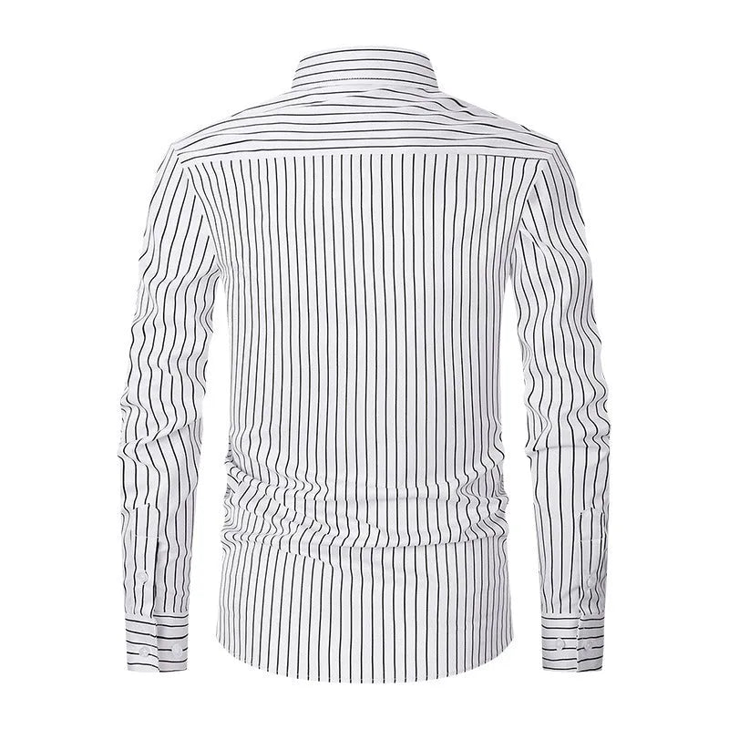 Man wearing a slim fit blue and white striped long sleeve business shirt.