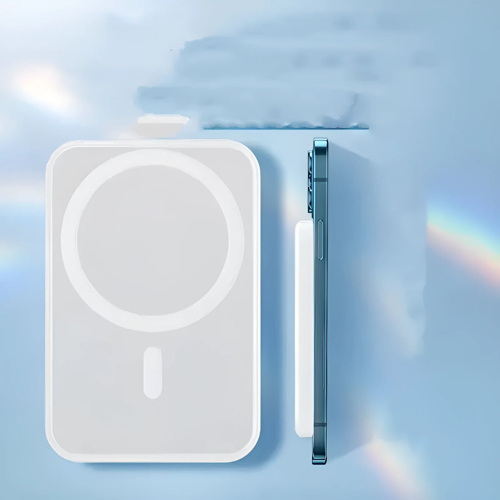 White magnetic wireless charger power bank with 5000mAh capacity and compact design