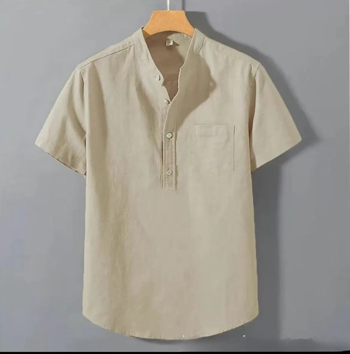 Men's beige slub linen casual shirt with stand collar and short sleeves, loose fit.