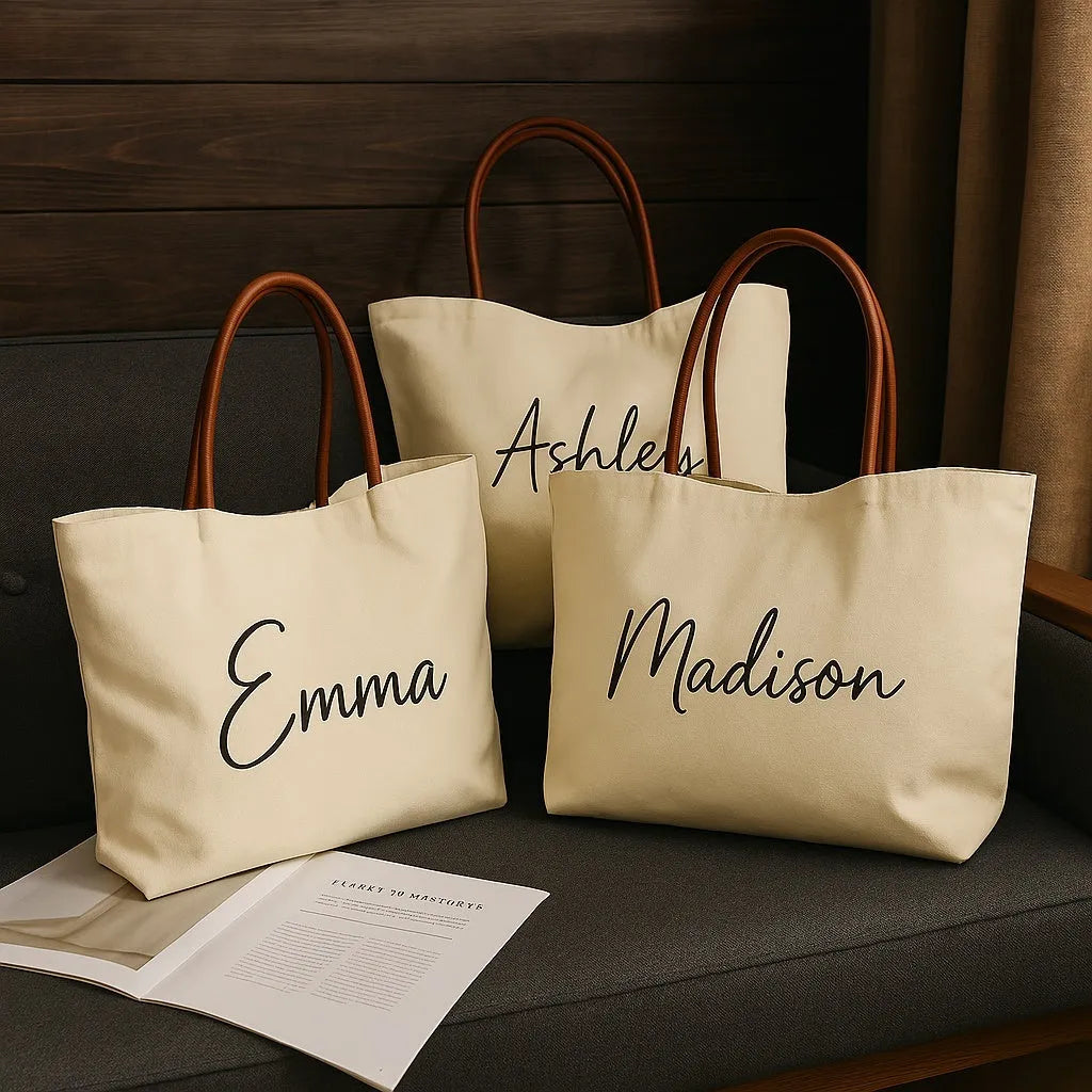 Beige white canvas tote bag with reinforced straps, shown flat and empty.