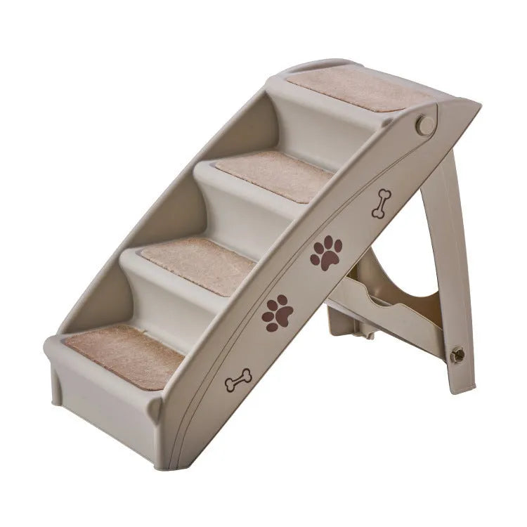 Foldable plastic ladder for small dogs and cats with non-slip mat in beige colour