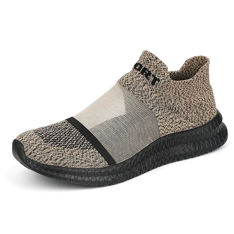 Flyknit low-top sock shoes in khaki with tassel laces and a breathable hollow design on an MD sole.