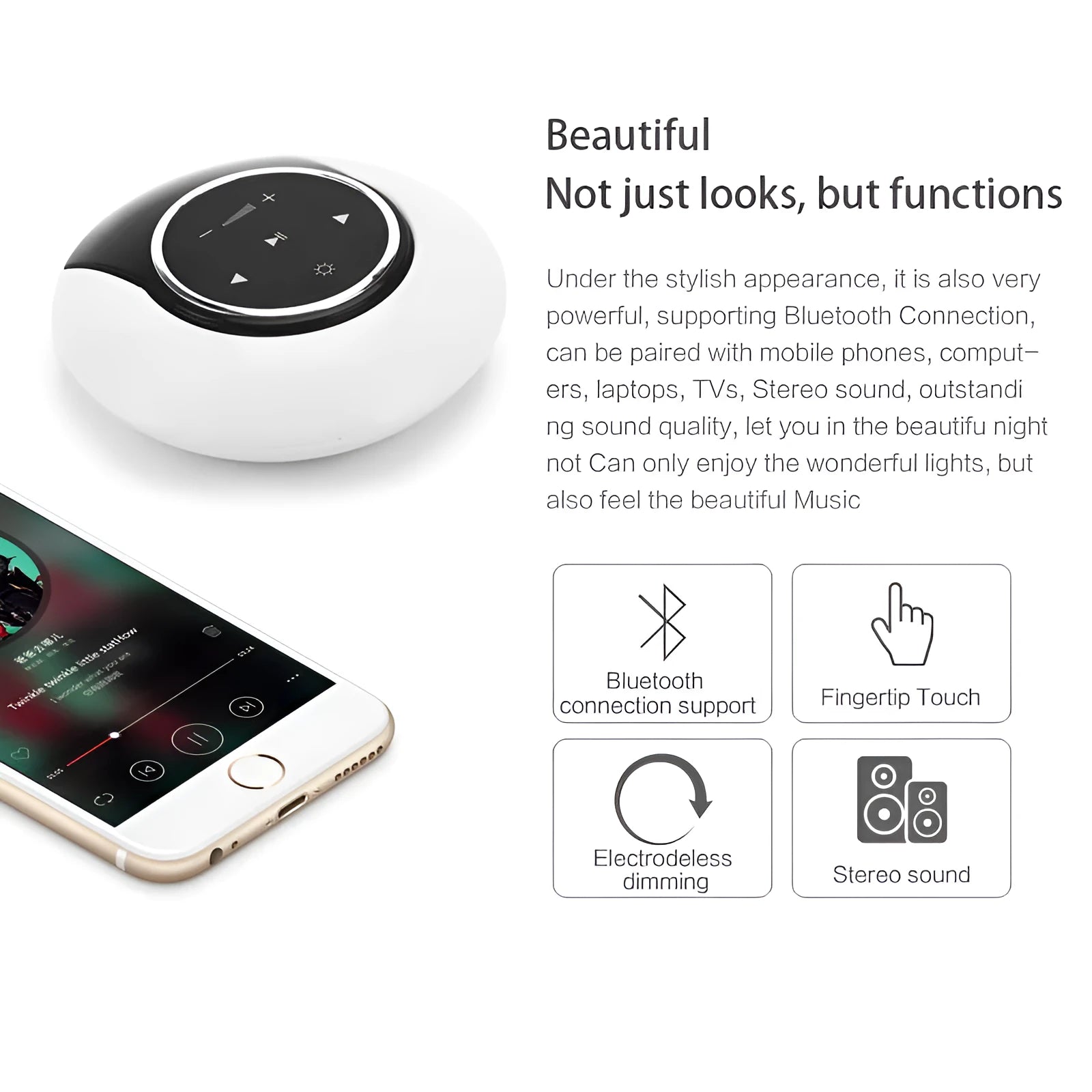 Folding Bluetooth speaker desk lamp with touch controls showing white, yellow, and blue LED lighting options