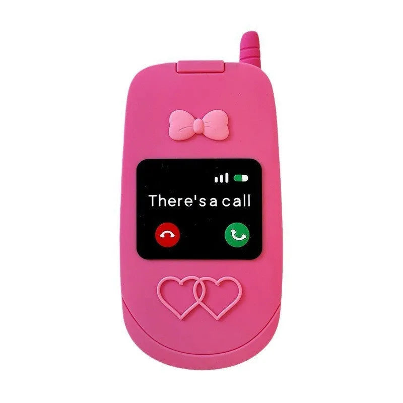 Pink silicone iPhone case shaped like a flip phone with a front mirror.