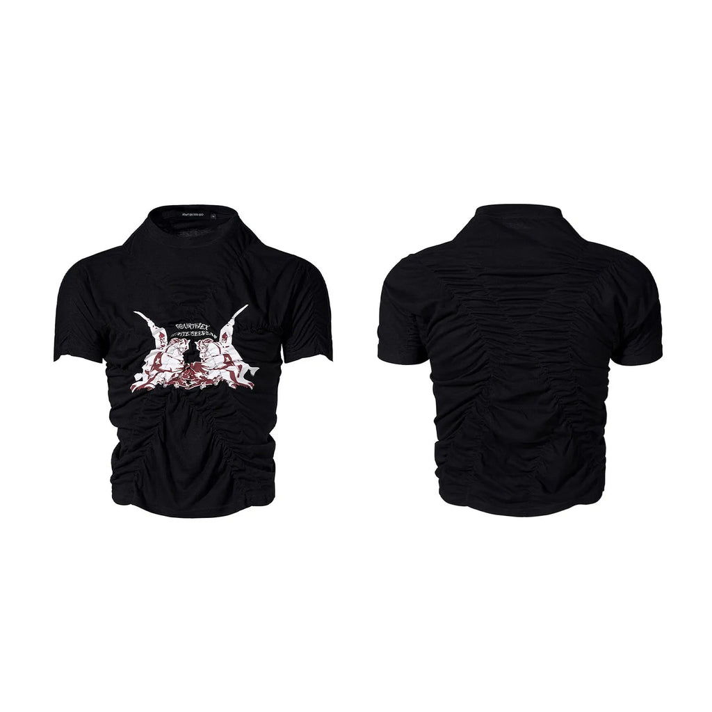 Black men's slim fit T-shirt with printed pleating design on short sleeves for summer wear