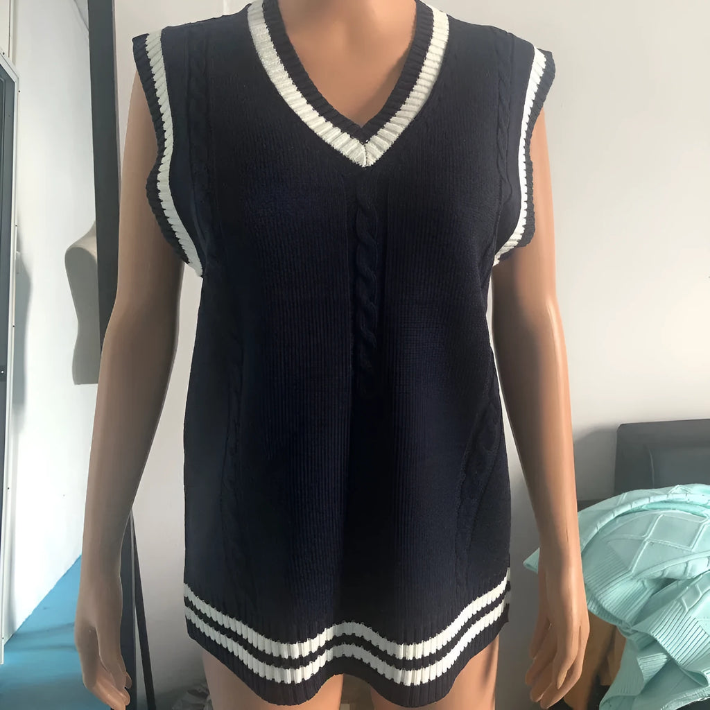 Women's slim fit acrylic knitted waistcoat with V-neck and striped stitching detail in multiple colours