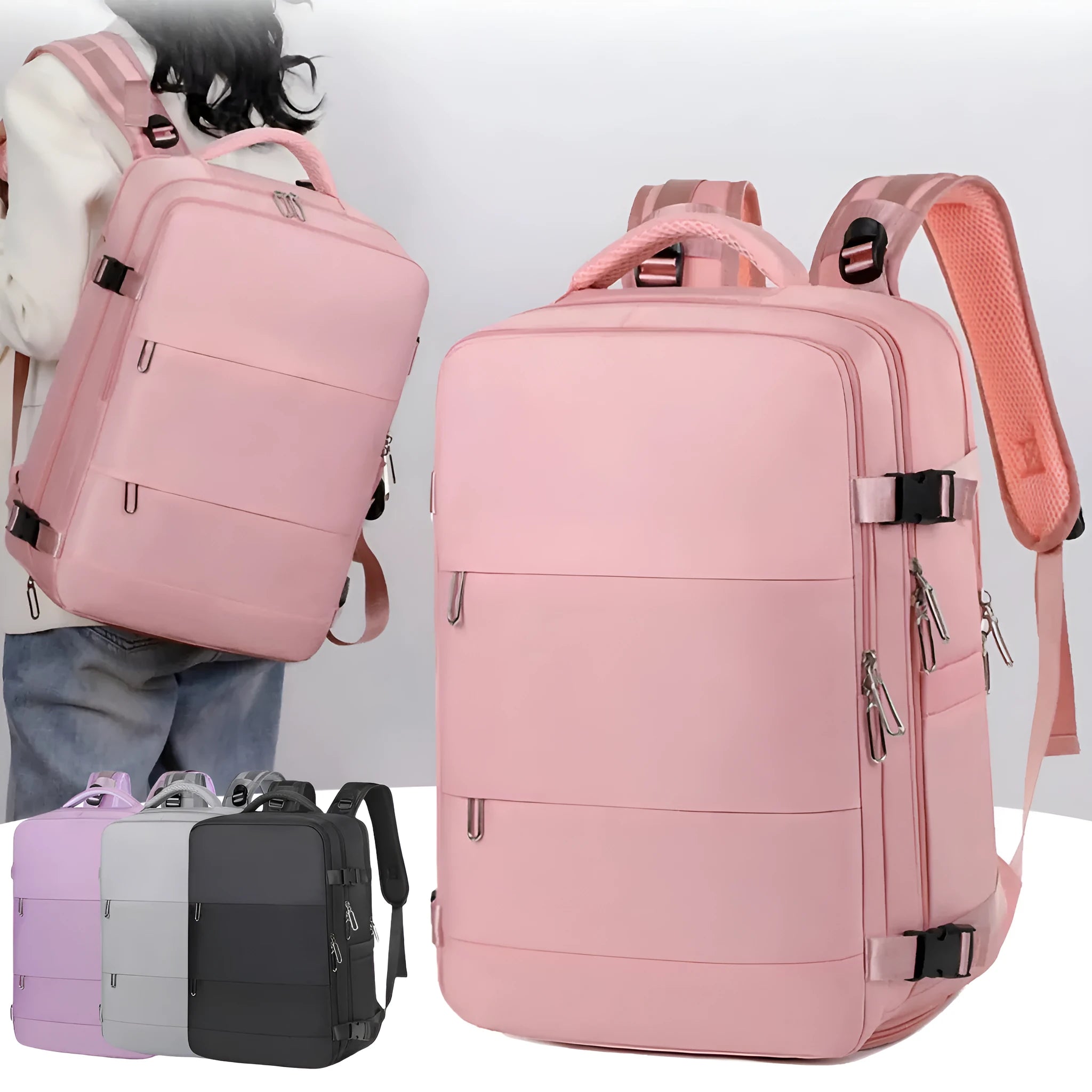 Large purple travel backpack with multiple compartments and air pillow shoulder straps