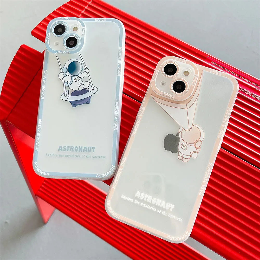 Transparent silicone phone case with astronaut print for iPhone models