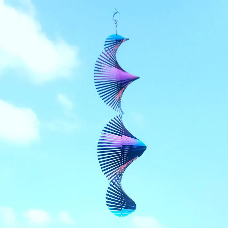 Rotating metal wind runner garden pendant in spiral shape, silver and colourful options