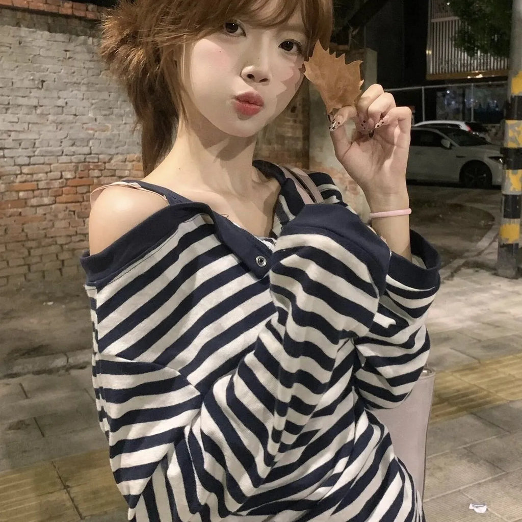 Dark blue striped women's oversized t-shirt with embroidery and button details