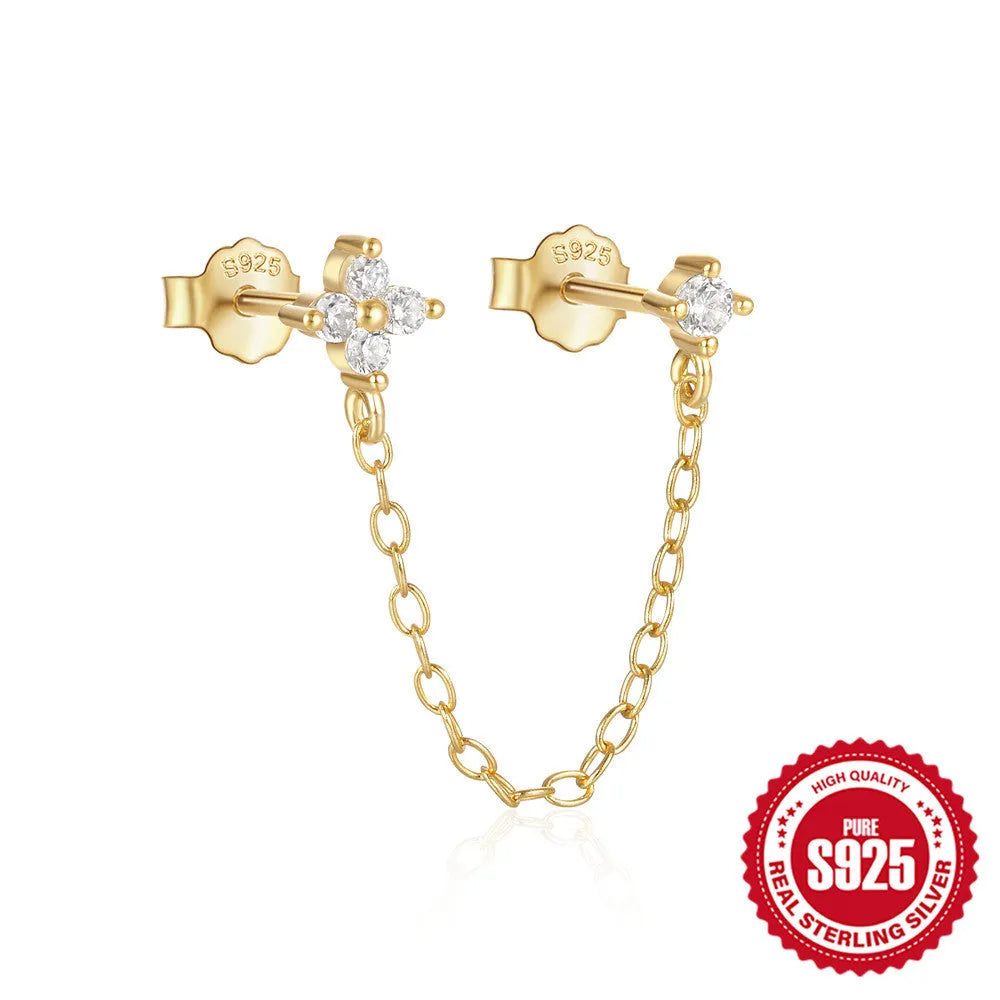 S925 sterling silver geometric ear studs with diamond flower, tassel, and chain design in electroplated gold.