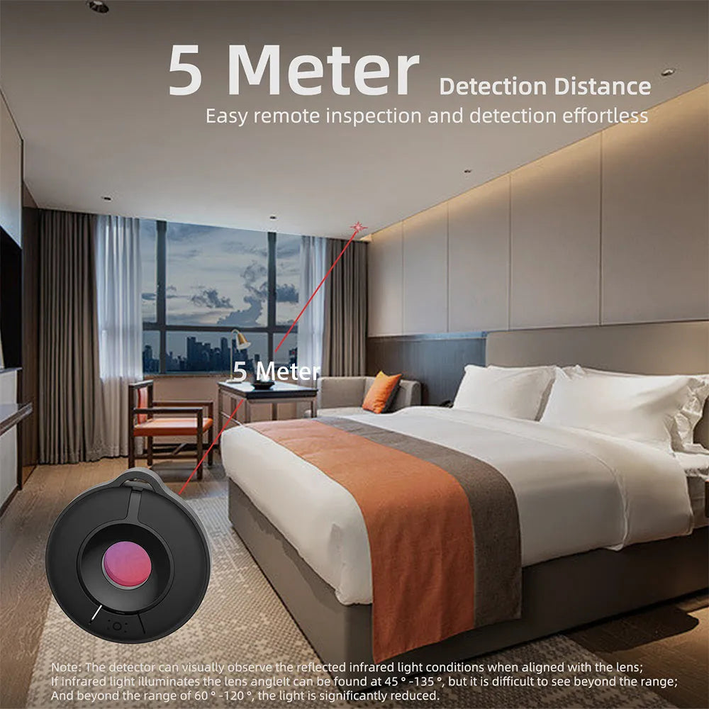Compact infrared camera detector device for finding hidden surveillance cameras with 5 metre detection range