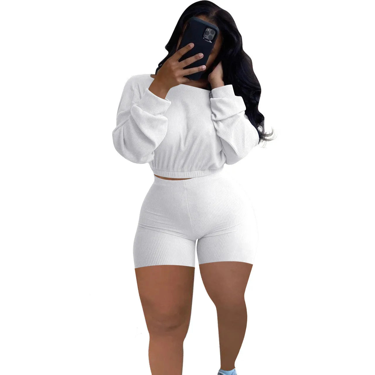 Women's solid colour off-the-shoulder long sleeve top and shorts two-piece set with sunken stripe pattern.