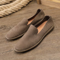 Men's handmade casual shoes with cowhide lining in khaki colour showing low-top design and rubber sole