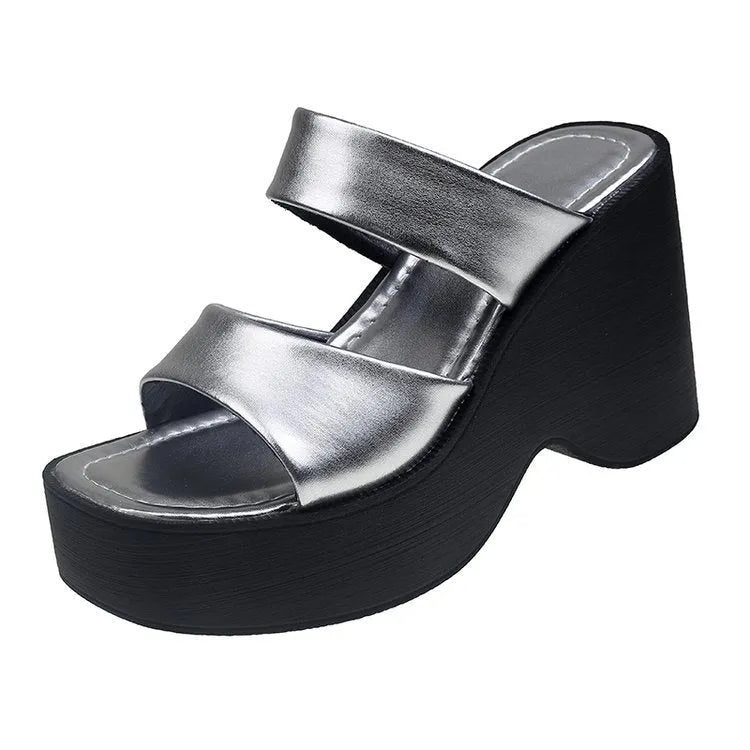 Women's black wedge platform slippers with square toe and high heel design