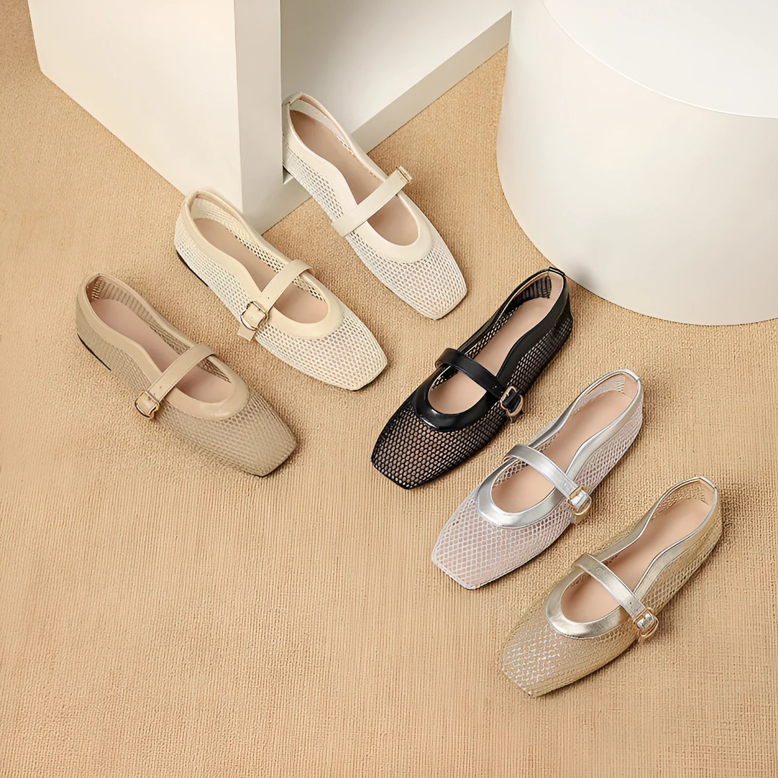 Women's summer mesh pumps with hollow out design, buckle closure, and low flat heel in multiple colour options
