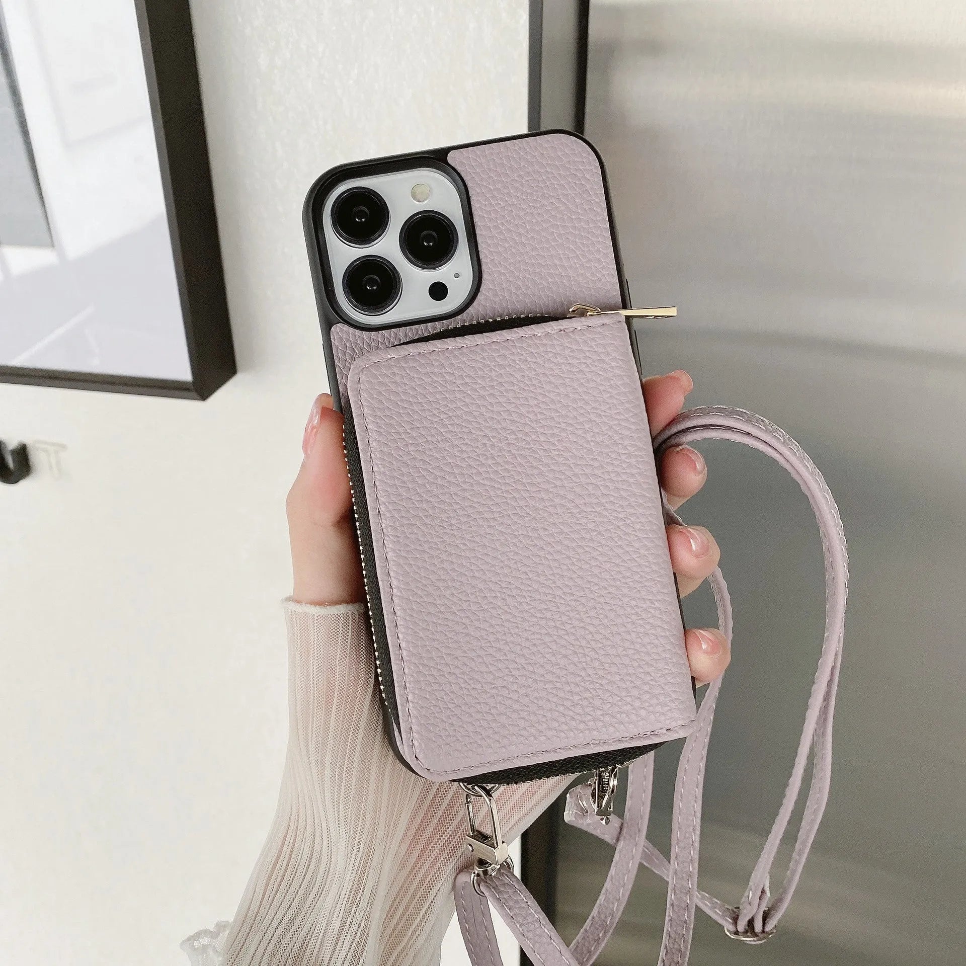Litchi patterned iPhone protective case in various colours, showing PC and leather construction.