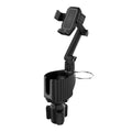 Green car seat holder supporting a kettle and a mobile phone on a grey interior.