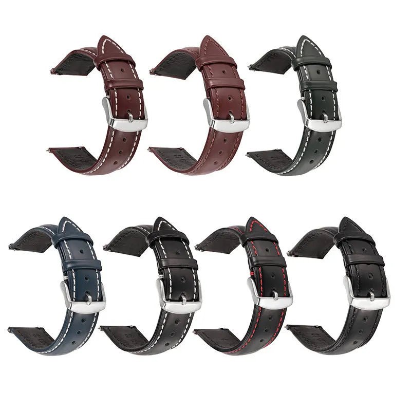 Quick release cowhide leather watch strap shown in black and dark brown colours with visible spring bar mechanism.