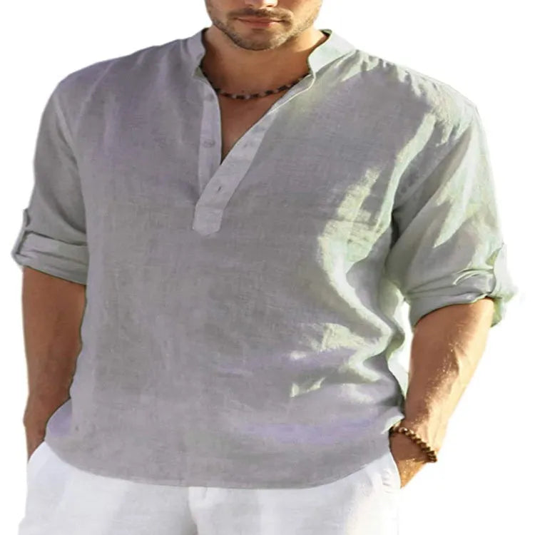 Men's slim-fit stand collar shirt in cotton-linen blend, shown in light blue, with button front and long sleeves.