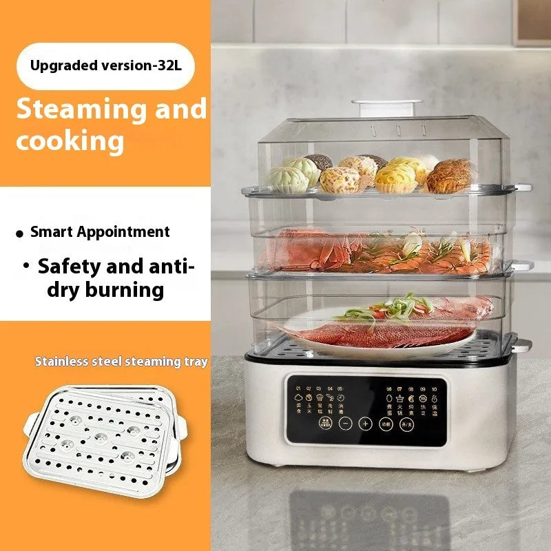 28-litre stainless steel electric steamer appliance with digital display and steaming rack.