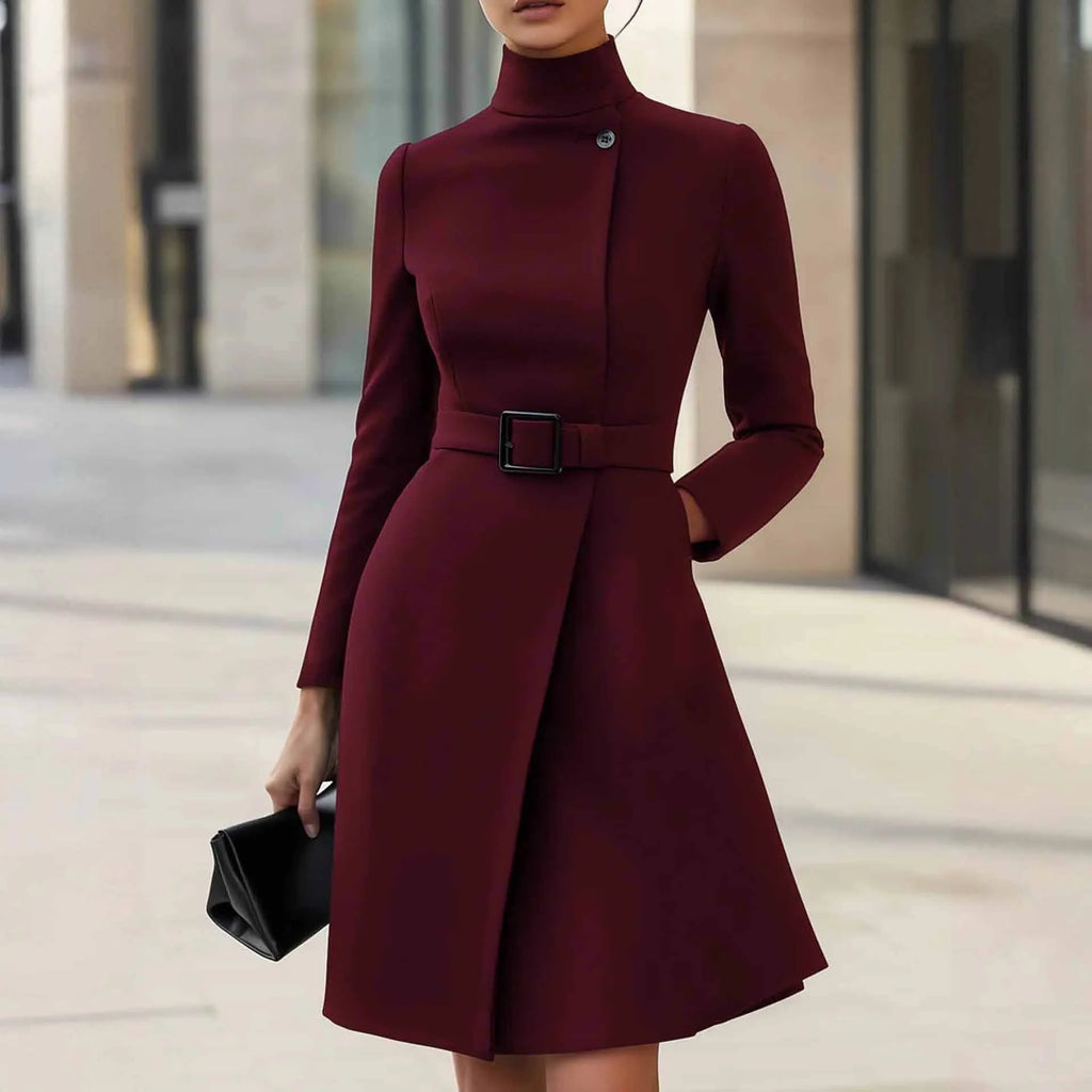 Women's black casual dress with high waist, stand collar, long sleeves, and zipper closure in bohemian style