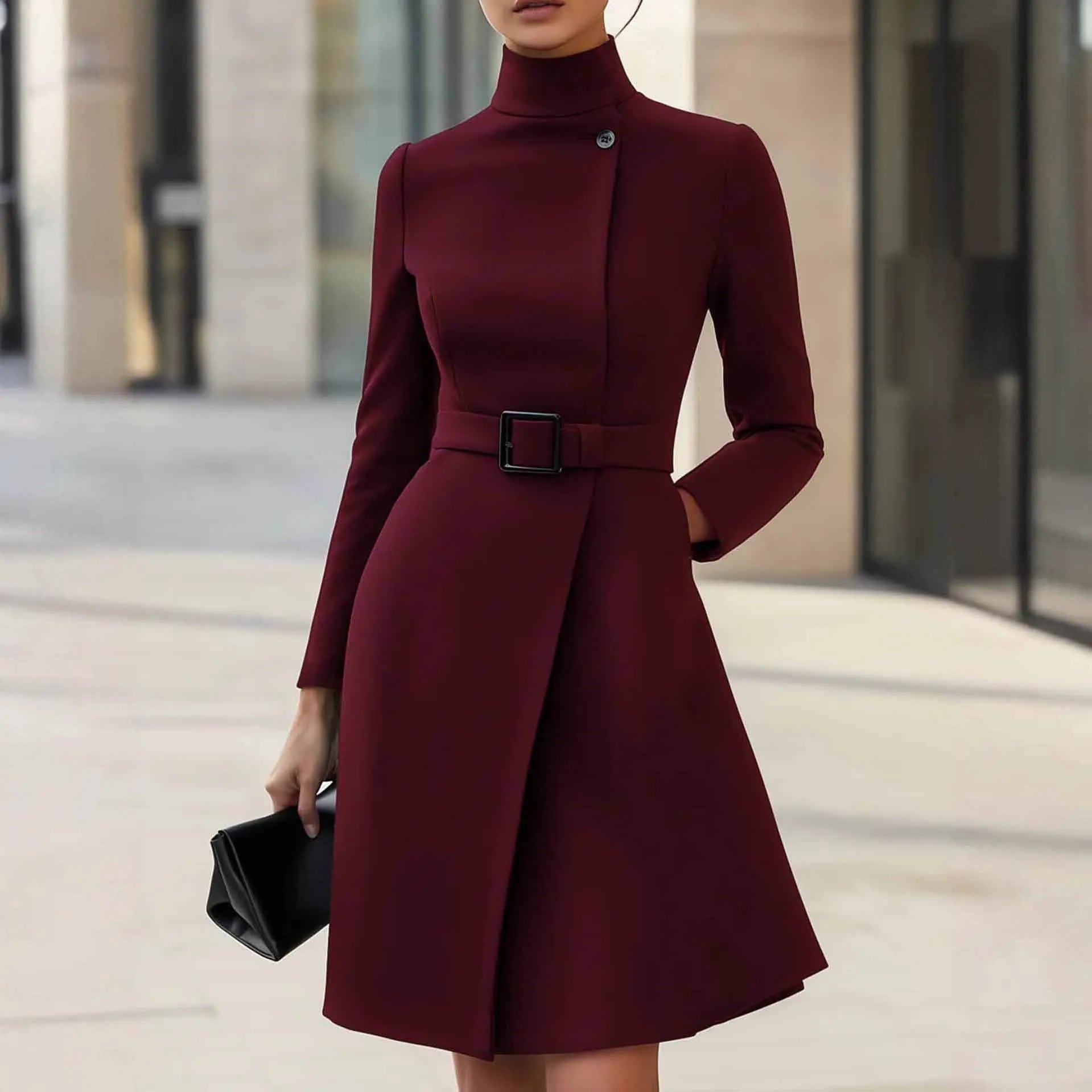 Women's black casual dress with high waist, stand collar, long sleeves, and zipper closure in bohemian style