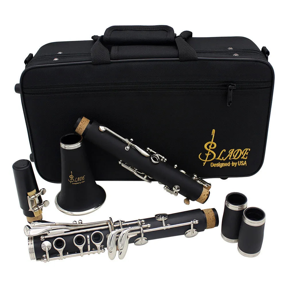 Black Bakelite clarinet with 17 nickel-plated keys and carrying case