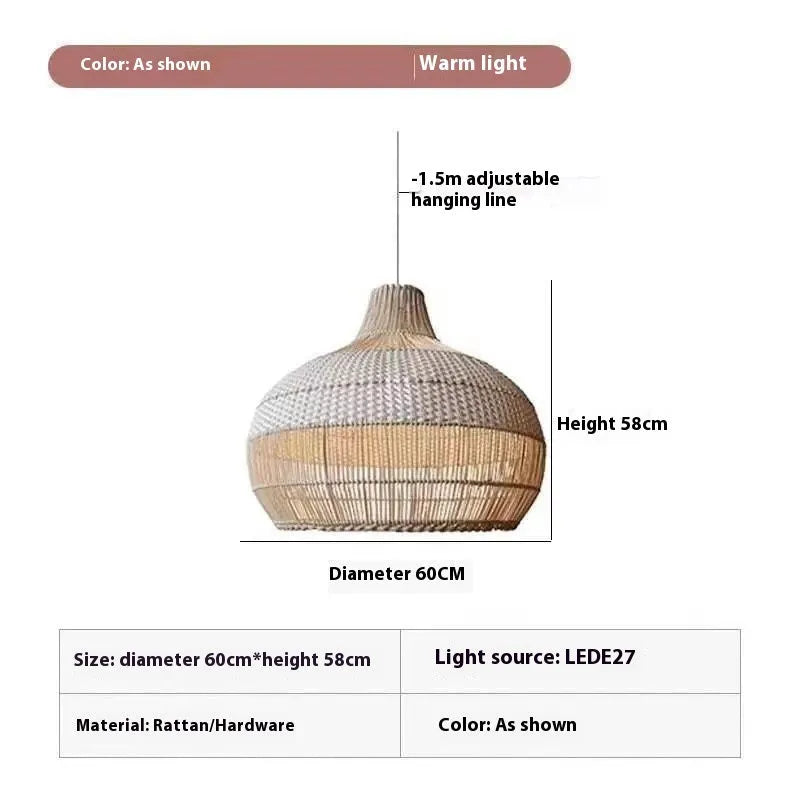Handwoven rattan ceiling chandelier with pastoral Southeast Asian design, 60cm diameter.